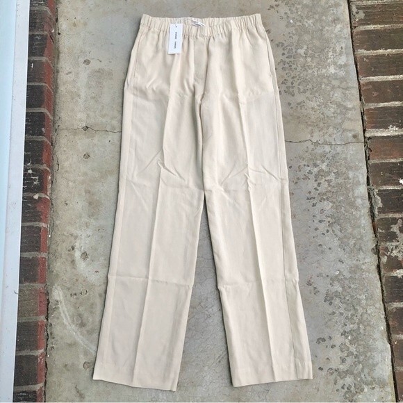 Samsoe Hoys Straight Leg Pants Trousers Pull On Neutral Beige Linen Blend XL NWT - Picture 3 of 7